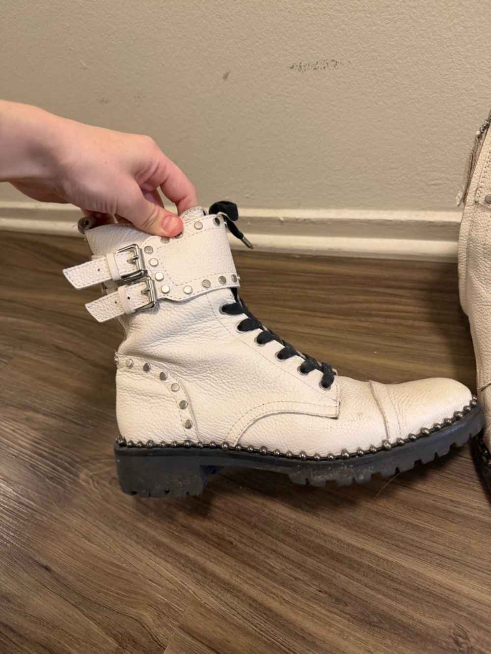 Sam Edelman White Studded Lace-Up Combat Boots with Buckles